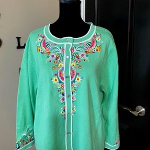 Embroidered Bob Mackie Green & White Sweater XL
